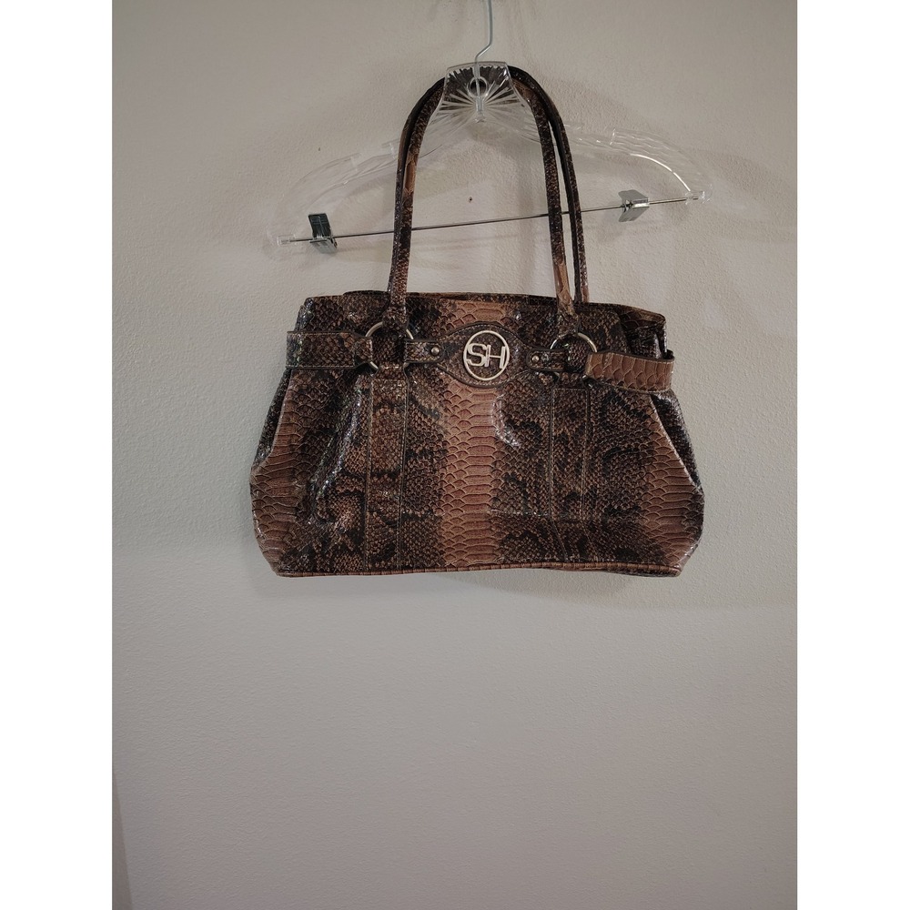 Sag Harbor Brown Faux Snakeskin Embossed Shoulder Bag Satchel SH Logo Medallion